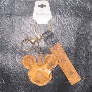 Brown Faux-Leather Bow Mouse Keychain Wristlet NEW